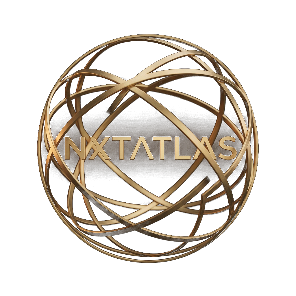 The NxtAtlas mark: a woven brass sphere with the NxtAtlas wordmark at its centre.